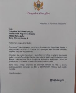 Додик захвалио Ђукановићу на честитки
